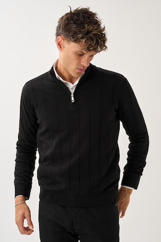 Dikey Dokuma Desenli Fermuarlı Triko Kazak Siyah