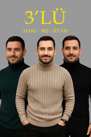 Tarzyeri Erkek Fitilli Kazak Tam Boğazlı Balıkçı Yaka Triko 3'lü Set Bej-haki-siyah Yeşil