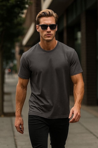 Rich Erkek %100 Pamuk Oversize Tişört Basic Bisiklet Yaka Kısa Kollu T-shirt Gri