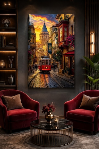 Nostaljik İstanbul Tramvaylı Baskılı Cam Tablo Galata Kulesi Uv Baskı Duvar Tablosu