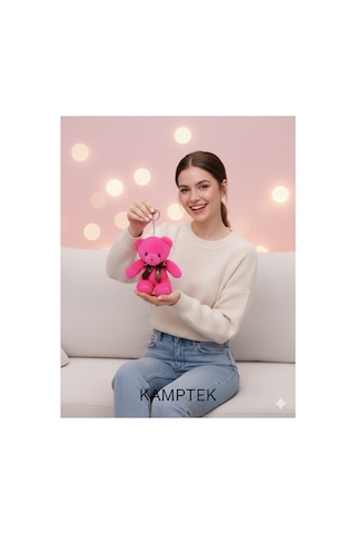 Hediyelik Pembe Tül Kese Tasarım Kalp Ayıcık Anahtarlık Hediyelik