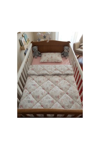 Manora %100 Pamuk Bebek Uyku Seti Yumuşak Yorganlı- Sevimli Ayıcık & Gökkuşağı Tasarımı 3 Parça Full Set Beyaz - 855367002