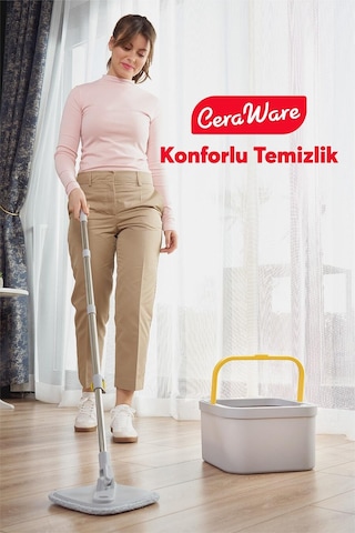 Ceraware Temiz İle Kirli Suyu Ayıran Kare Mop +2 Yedek Bez Hediyeli Otomatik Hijyen Temizlik Seti