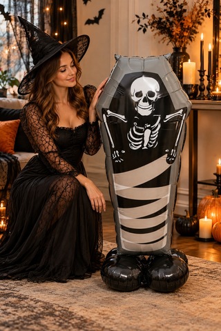 Halloween Cadılar Bayramı Ayaklı Tabut İskelet Folyo Balon 99x57 Cm Siyah Oda Dekoru Parti Süsü Çok Renkli