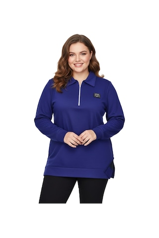 Caftan Kadın Polo Yakalı Önü Fermuarlı Bluz Bgl-st05088 İndigo