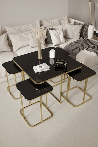 4+1 Gold Kaplama Siyah Ayna Radüslü Orta Sehpa