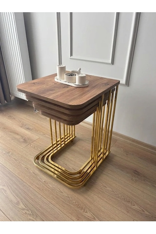 4 Lü Tekerlekli Zigon Sehpa Gold Çam