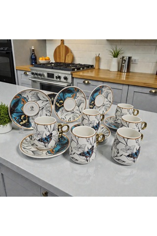 Sudedi Home Floral Renkli Yaldızlı 6 Kişilik Kahve Fincan Takımı Çok Renkli