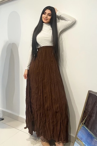 Etk004 Beli Lastikli Buruşuk Mikro Uzun Kadın Etek Yeşil