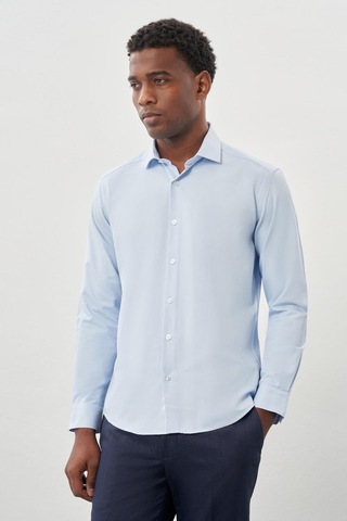 İmza Koyu Mavi Uzun Kol Düz Bez Ayağı Yarım İtalyan Yaka Cepsiz Pamuklu Classic Slim Fit Gömlek 1004245268 Koyu Mavi