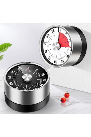 Mufunye Stainless Steel Mekanik Zamanlayıcı, 60 Dakika Geri Sayım, Mutfak/öğrenci Zaman Yöneticisi, Manyetik Taban, Beyaz Göstergeli Kırmızı Gövde Siyah