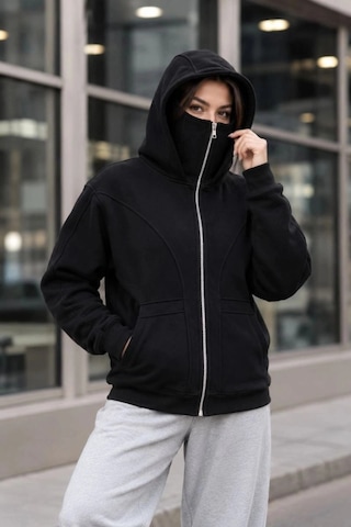 Freedom Store Kadın Maskeli Ninja Model Çift Kapüşonlu 3 İplik Şardonlu Fermuarlı Oversize Sweatshirt - Siyah
