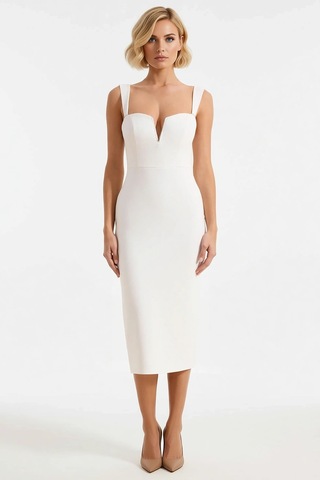Benerly Kadın Bodycon Midi Elbise V Yaka Askılı Dokuma Finike Astarsız Dü Ekru