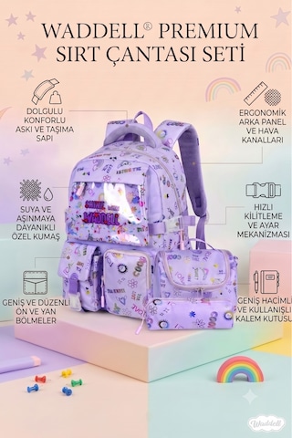 Waddell Kawaii Kore Tarzi Twil Kumas Desenli Sirt Cantasi Beslenme Cantasi Ve Kalemlikli Uclu Se Mor