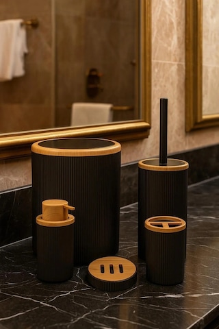 Makri Home 5 Parça Banyo Seti, Siyah Ahşap Desenli, Çöp Kovası, Fırçalık, Sıvı Sabunluk, Diş Fırçalık, Sabunluk