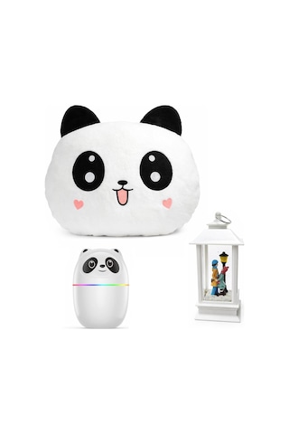 Panda Temalı Dekoratif Tasarıma Sahip Hediye Seti Peluş Panda Yastık + Buhar Makinesi Nemlendirici + Sevgili Figürlü Kar Küresi Dekoratif Hediye Seti