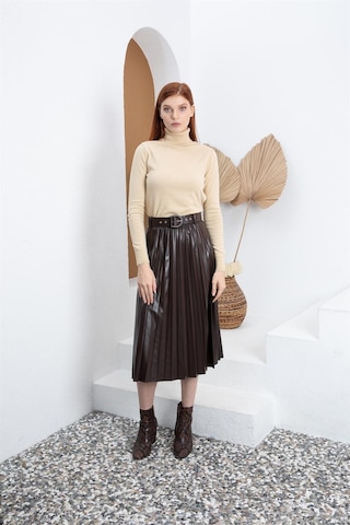 Kemerli Kahverengi Pliseli Deri Etek - Kahverengi