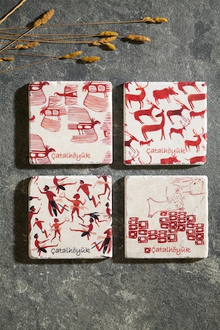 Çatalhöyük Serisi 4'lü Traverten Bardak Altlığı Çok Renkli