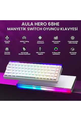Aula Hero 68 He Manyetik Klavye Rapid Trigger Black King Switch 8000Hz RGB TKL Hot Swap Oyuncu Klavyesi