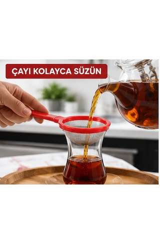 2'li Pratik Çay Süzgeci İnce Filtreli Saplı Çay Süzgeci Mutfak Süzgeci Carmen Kırmızı