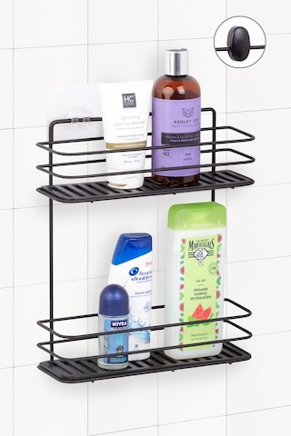 Ömür Boyu Paslanmaz Yapışkanlı Banyo Düzenleyici Şampuanlık 2 Katlı Duş Rafı Siyah