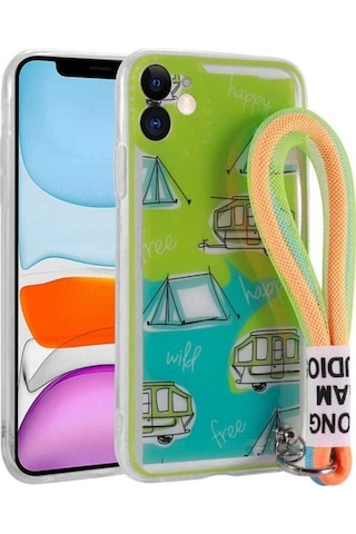 Apple Uyumlu iPhone 11 Kılıf Desenli El Askılı İpli Zore Astana Silikon Kapak Kamp