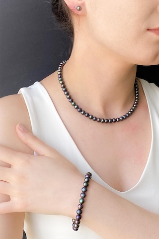 6,5 Mm Siyah İnci Bileklik 23 Cm Gold Sarı Altın
