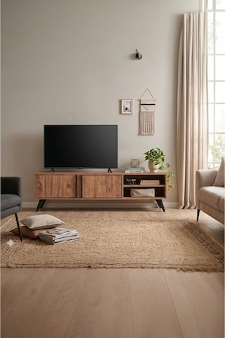 Tv Ünitesi 2 Kapaklı Raflı Dolaplı Tv Sehpası Atlantik Çam