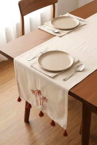 Palmiye Nakışlı Buldan Kumaş Runner 50x130 Cm Krem
