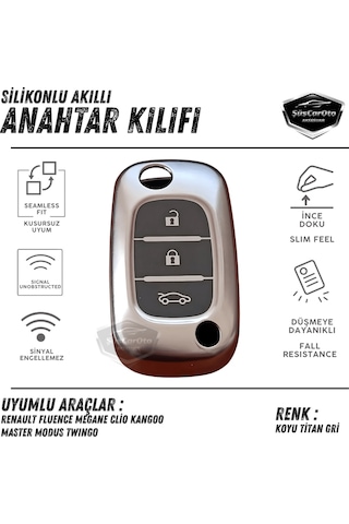 Renault Fluence Megane Clio Kangoo Master Modus Twingo Uyumlu Silikon Anahtar Kılıfı Oto Anahtar Kabı Darbe Emici Anahtarlık Koyu Titan Gri 00 Şüscaroto Aksesuar
