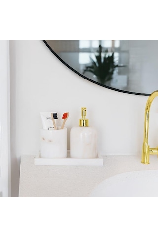 Akayev Mermer Beyaz 3 Parça Banyo Seti Mutfak Sıvı Sabunluk Seti Beyaz