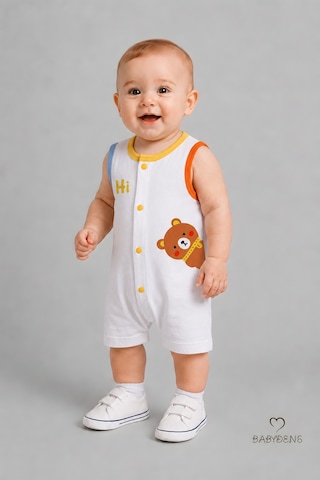 Babyden's Erkek Bebek Tulum Yazlık Pamuklu Şortlu Çıtçıtlı Ayıcık Baskılı Bebek Tulumu Yenidoğan Bebek Giyim 0-9 Ay Beyaz