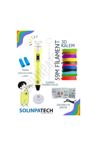 Sarı 3D Kalem 3D Pen Yazıcı Kalem | 10 Adet 5 Metre (Toplam 50 Metre) Filament + USB KABLO
