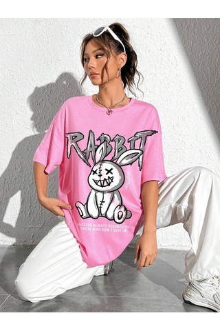 Noıssey Karikatür Ve Grafik Tasarım Oversize T-shirt Cartoon/letter Serisi Kod38 Pembe