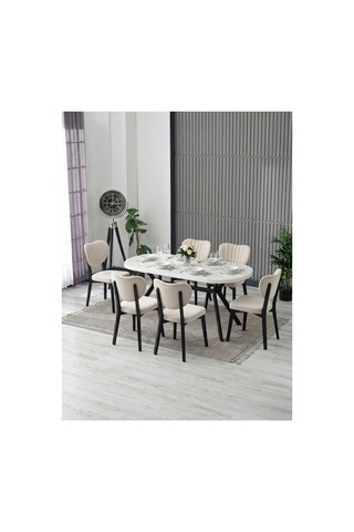 Nova Beyaz Yemek Masası Takımı 6 Adet Elma Sandalye/ 90x170 Cm Yemek Masası Bej Bej
