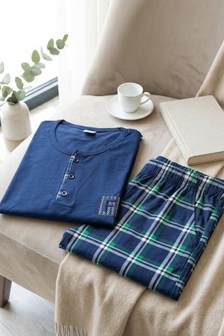 Mataş Erkek Lacivert Viskon Karışımlı Kısa Kollu Yazlık Soft Örme Pijama Takımı