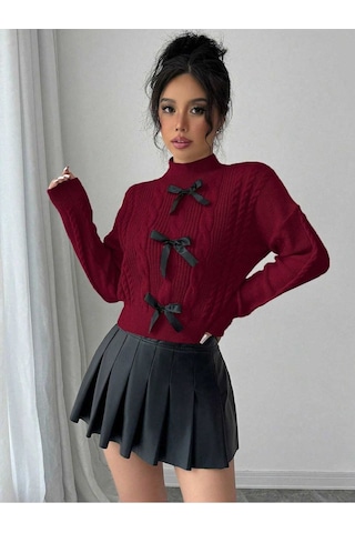 Sayzen Your Shine Örgülü Fiyonk Detaylı Triko Kazak Sy-2501-kzk Bordo