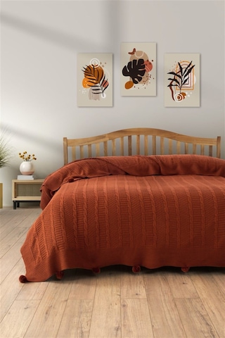 Çift Kişilik Ponponlu Triko Örme Battaniye Kiremit