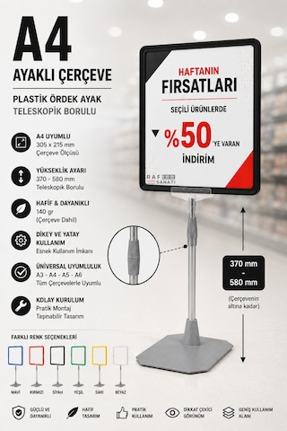 A4 Ayaklı Fiyat Etiketlik Teleskopik Borulu Çerçeve Etiketlik Yönlendirme Levhası Menü Panosu Siyah
