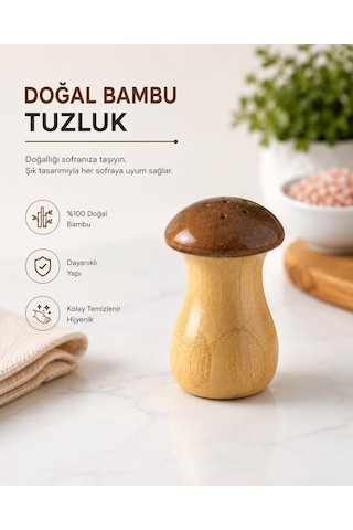 2'li Doğal Ahşap Mantar Tasarımlı Tuzluk Ve Biberlik Seti Bambu