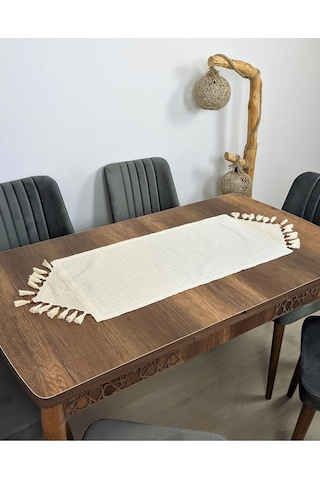El Dantelli Püsküllü Runner Ranır Örtü Buldan Işi Monika Keten Sehpa Masa Üstü Örtüsü Şömen 45x100