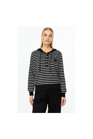On Fashion Çizgili Kapşonlu Uzun Kol Sweat Siyah