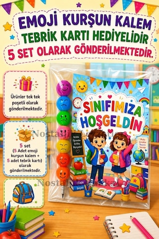 5 Adet Okula Yeni Başlayan Öğrencilere Sınıfımıza Hoşgeldin Yazılı Hediye Seti 1. Sınıf- Sene Başı Hatırası Emoji Kurşun Kalem Tebrik Kartı Hediyeli