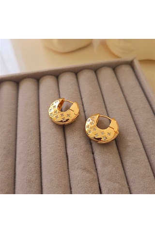 Yıldız Taşlı Oval Halka Çelik Küpe Altın