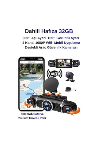4 Kanallı Araç Kamerası, G-sensör, Gece Görüşlü, Wifi Bağlantılı, 32gb Dahili Hafıza, Acil Durum Video Kilit