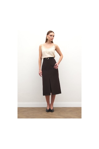 Sateen Anna Yırtmaçlı Etek - Kahve-137171 Kahve