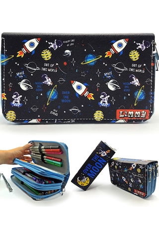 Limmy Kalem Kutusu Organizer Üç Bölmeli Kalemlik Astronot Mavi