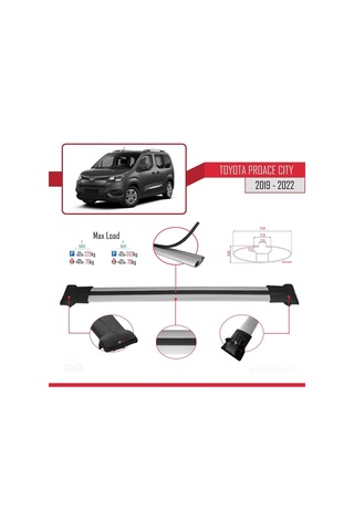 Toyota Proace City 2019-2022 Arası İle Uyumlu Fly Model Ara Atkı Tavan Barı Gri 4 Adet Bar