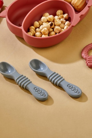 2'li Silikon Bebek Beslenme Seti / Bölmeli Mama Tabağı / Mama Kaşığı - Kiremit Rengi Kiremit