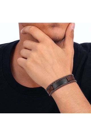 Tesbihane Minimal Tasarım Kahverengi Deri & Siyah Plaka Kişiye Özel İsim Harf Yazılı Bileklik Kahverengi